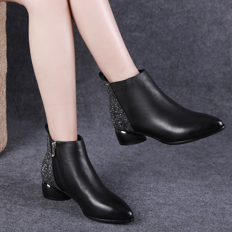 Mid-heel leather chunky heel ankle boots