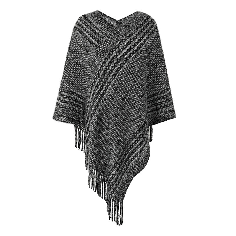 Striped Cape Shawl Fringed Sweater