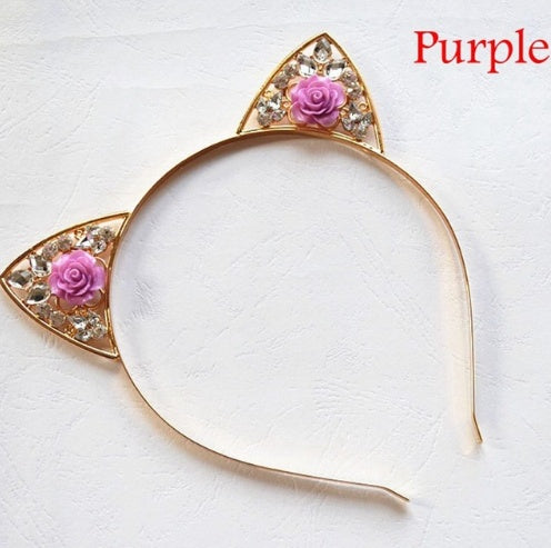 High Quality Cute Alloy Diamond Rose Cat Ears Headband Children Adult Headband