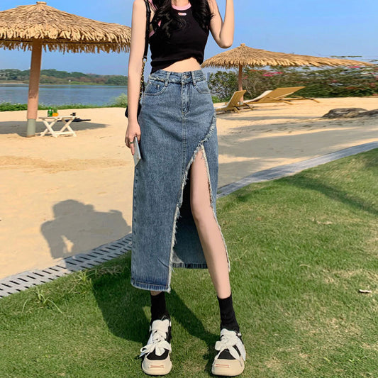 Irregular Slit Denim Skirt Female Ins Style Hot Girl Raw Edges Design