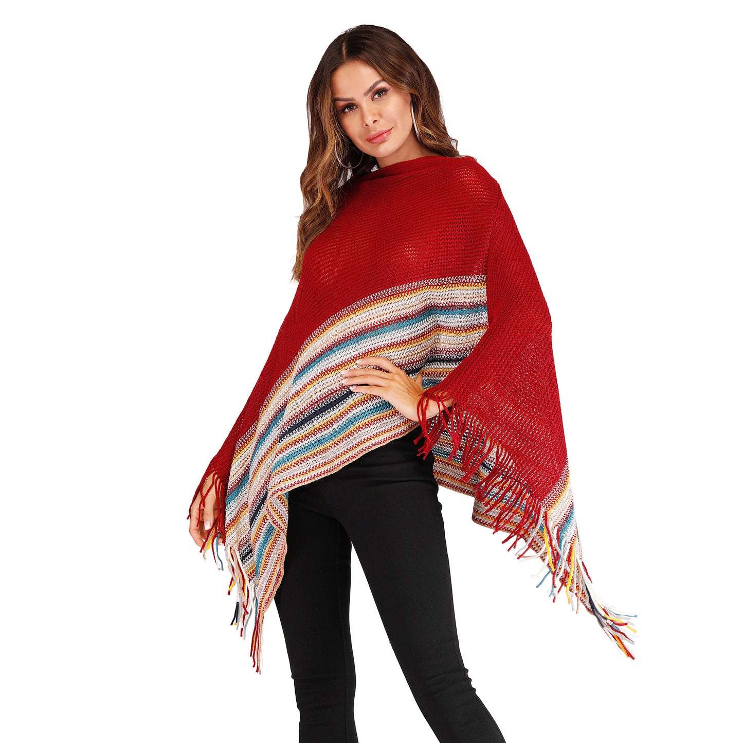 Fringed high neck color block shawl