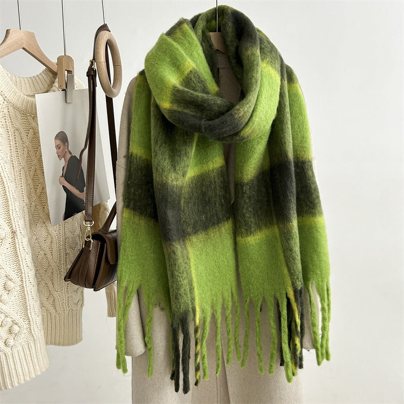 Autumn and winter new style mohair plaid scarf for women Dongdaemun fashion versatile extended tassel shawl scarf