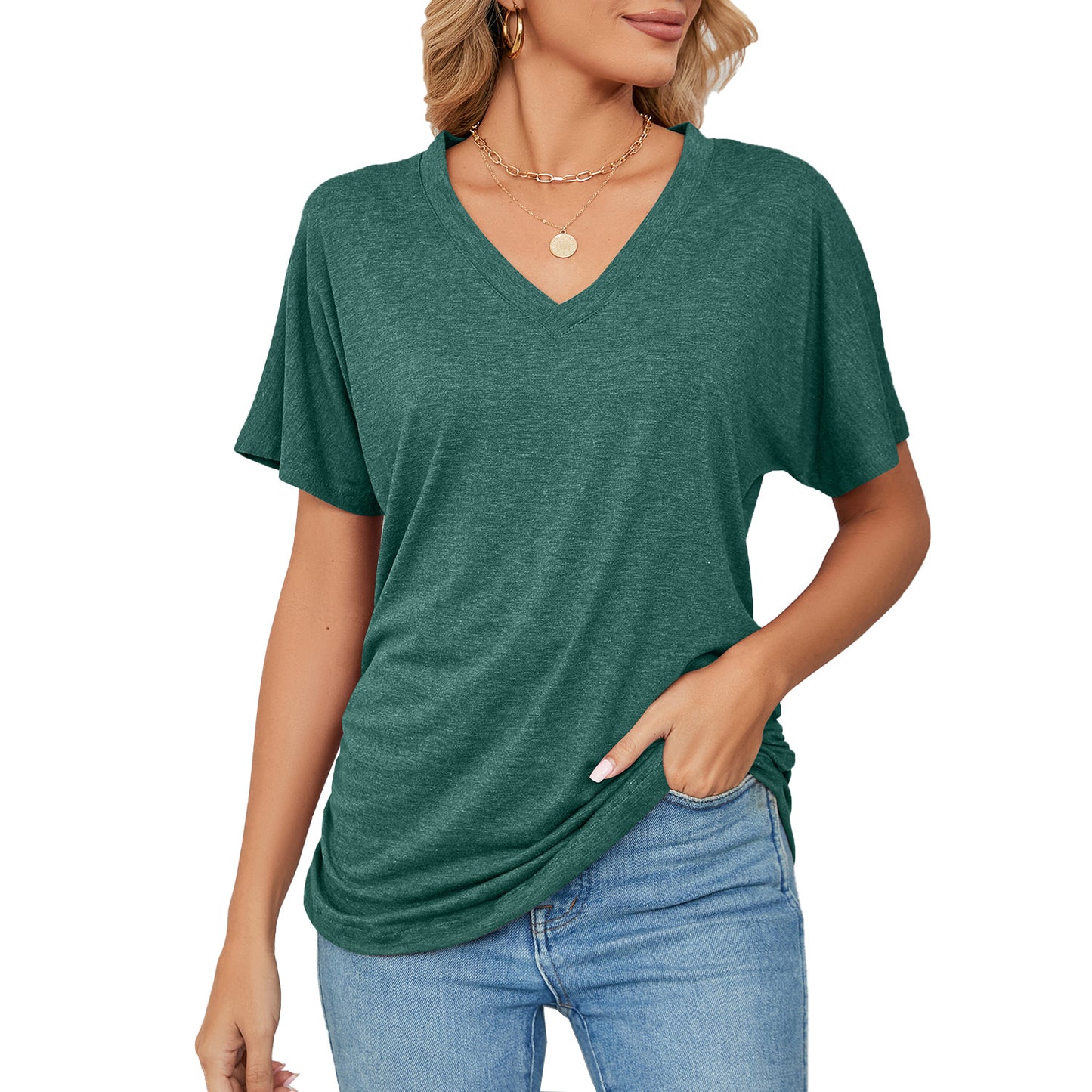 Relaxed Lady: V-neck Solid Color Loose T-shirt - Women's Leisure Pullover