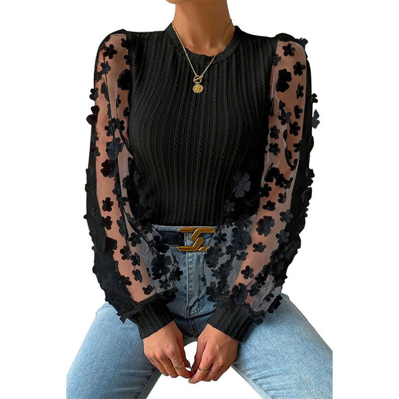 Women's Mesh Small Flower Chiffon Shirt Summer Round Neck Long Sleeve Top