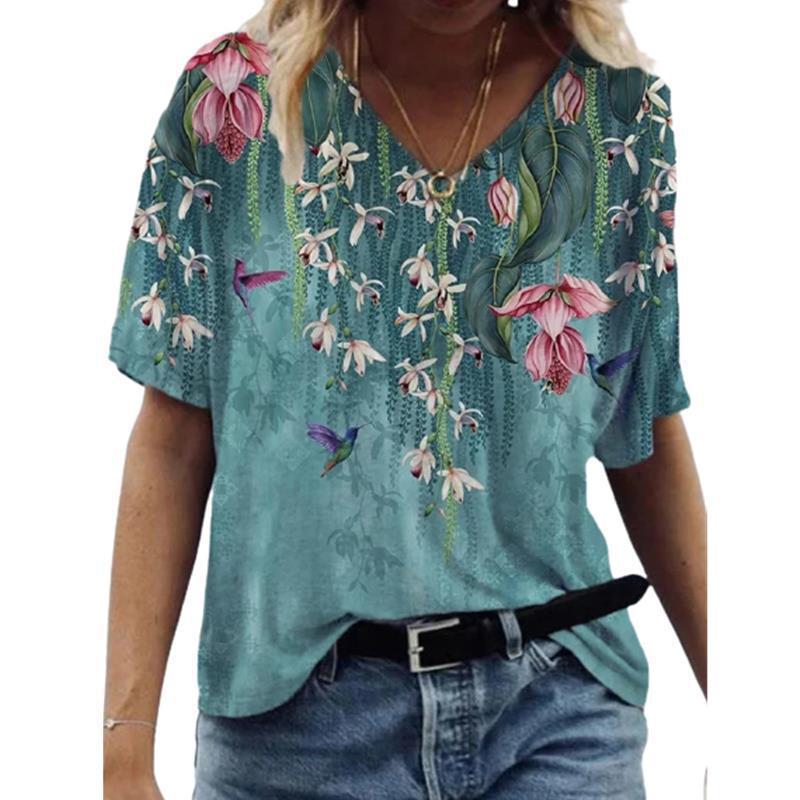 Independent Station Floral Print Pullover V-neck Short Sleeve T-shirt