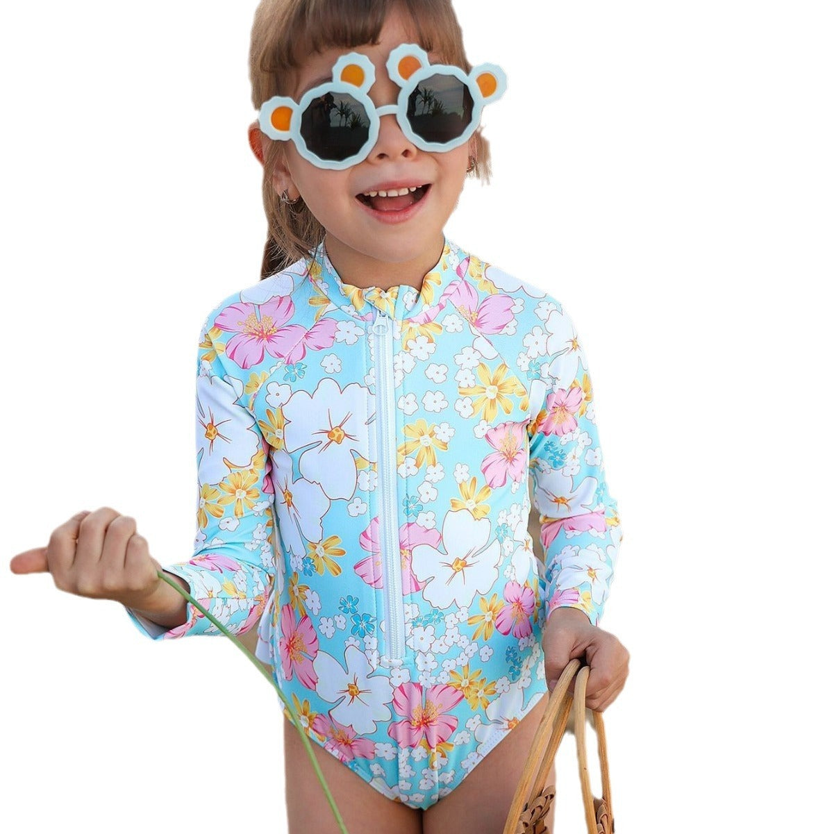 Girls' Summer Children's Breathable One-piece Long Sleeves Printed Cute Swimsuit