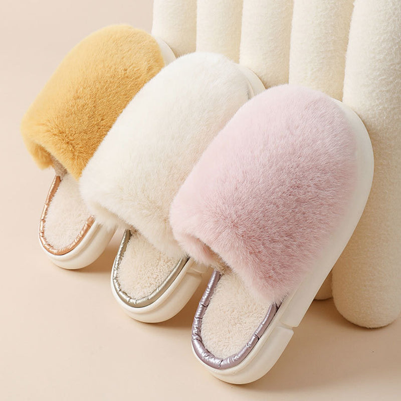 FuzzFluff: Winter warm fuzzy house slippers with plush faux rabbit fur for cozy bedroom comfort.