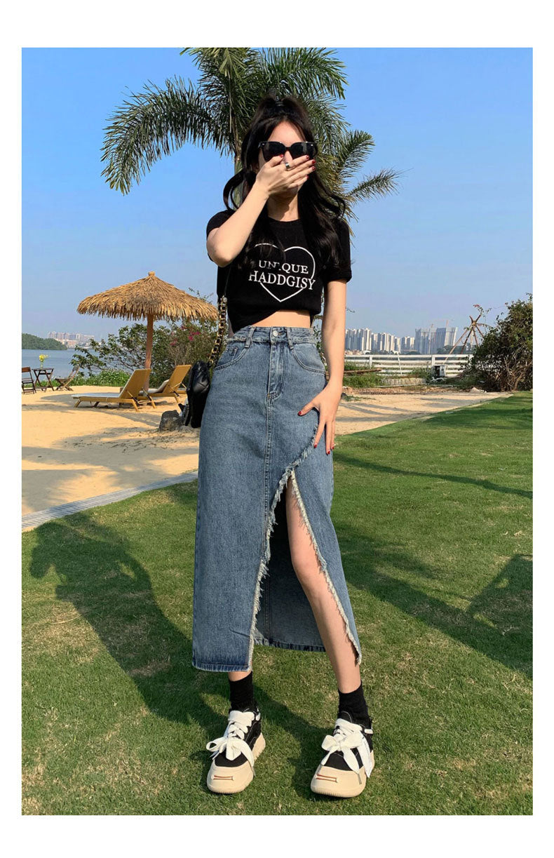 Irregular Slit Denim Skirt Female Ins Style Hot Girl Raw Edges Design