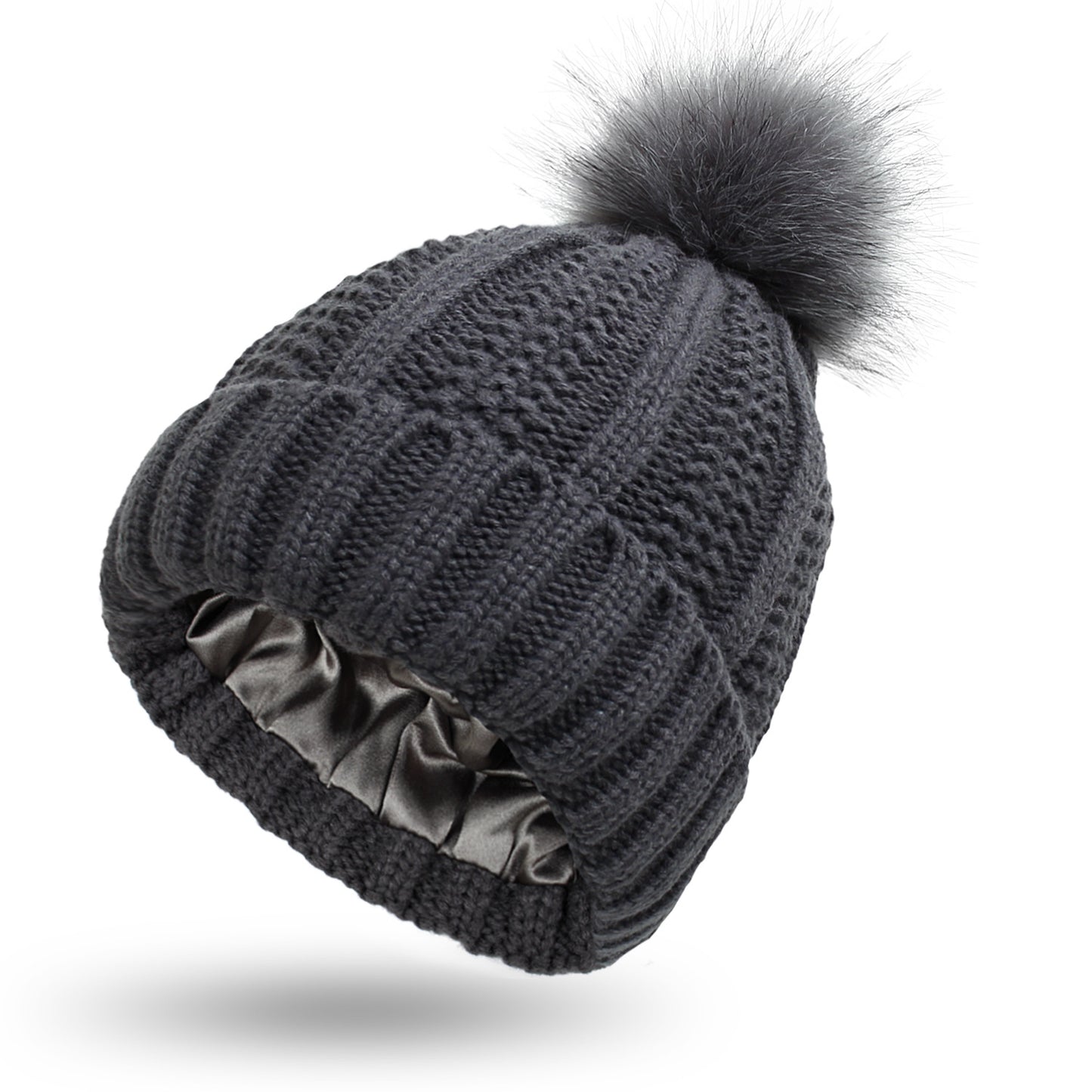 Moda rozciągliwa satynowa podszewka czaszki czapki robione na drutach czapka typu Beanie dla kobiet Faux futro czapka z pomponem czapka z pomponem zimowa utrzymuj ocieplenie czapka typu Beanie