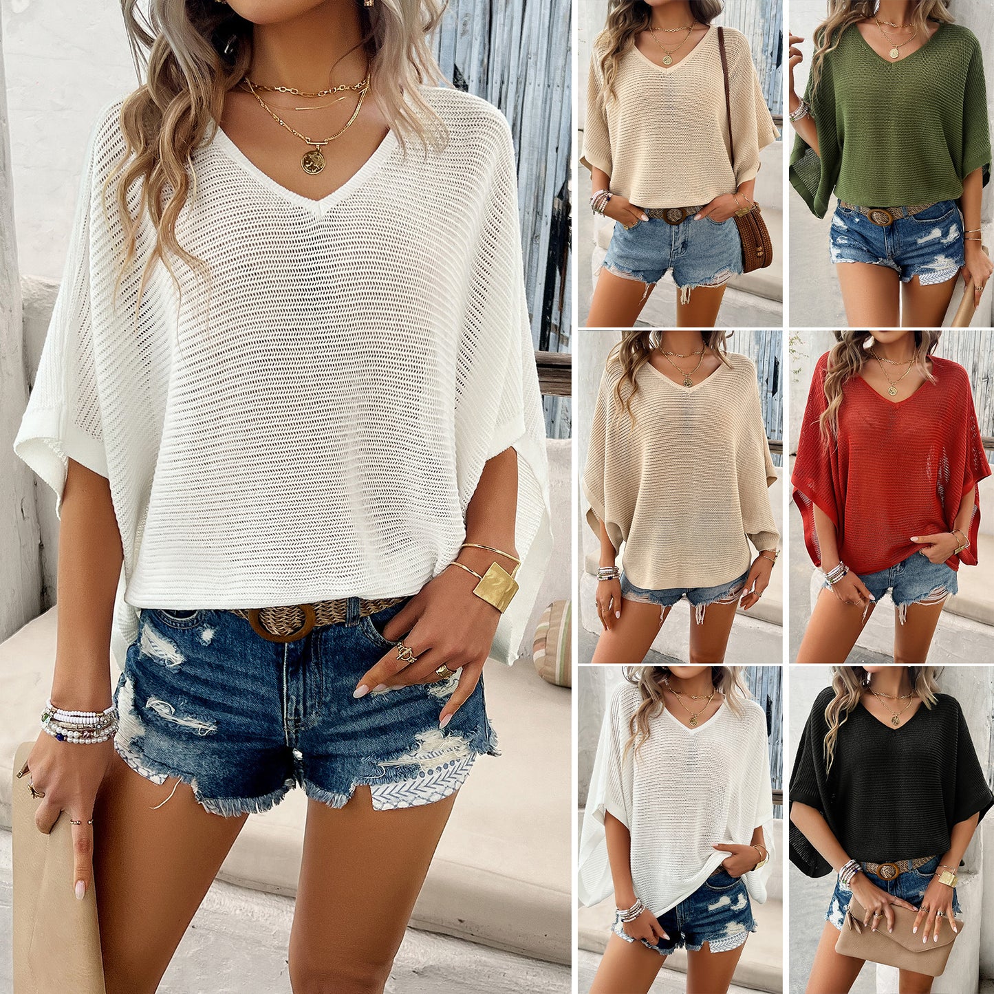 V-neck Bat Sleeve Short-sleeved T-shirt Top Summer Casual Loose Hollow Sweater Fashion Womens Clothing