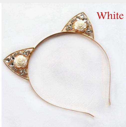 High Quality Cute Alloy Diamond Rose Cat Ears Headband Children Adult Headband