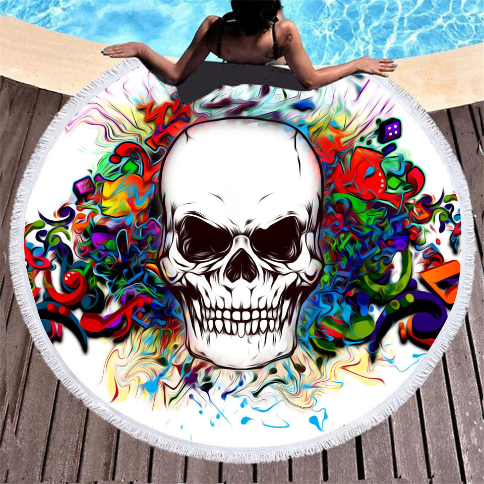 Skull print with tassel round beach towel