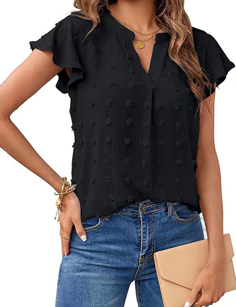 Breezy Charm: Women's Summer V Neck Ruffle Short Sleeve Blouse - Dot Flowy Shirt Top