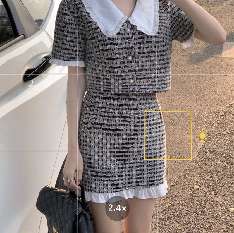 Suit Doll Collar Plaid Short-sleeved Shirt Gas Skirt