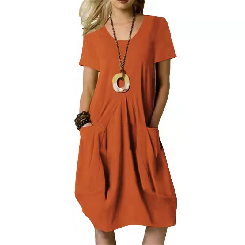 Women's Dress With Pockets Cotton Linen Solid Color Loose Round Neck Short Sleeve Dress Summer