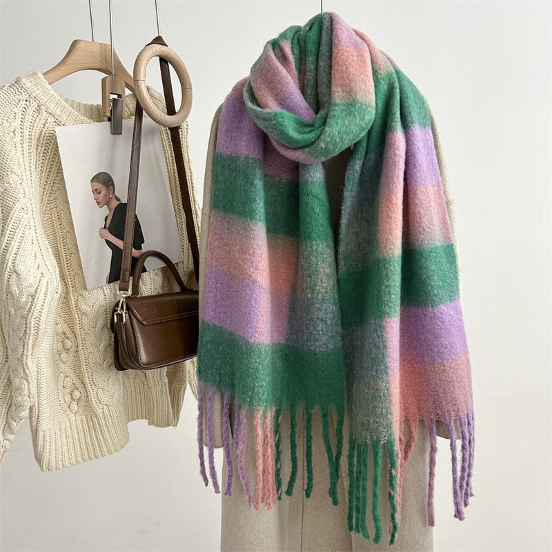 Autumn and winter new style mohair plaid scarf for women Dongdaemun fashion versatile extended tassel shawl scarf