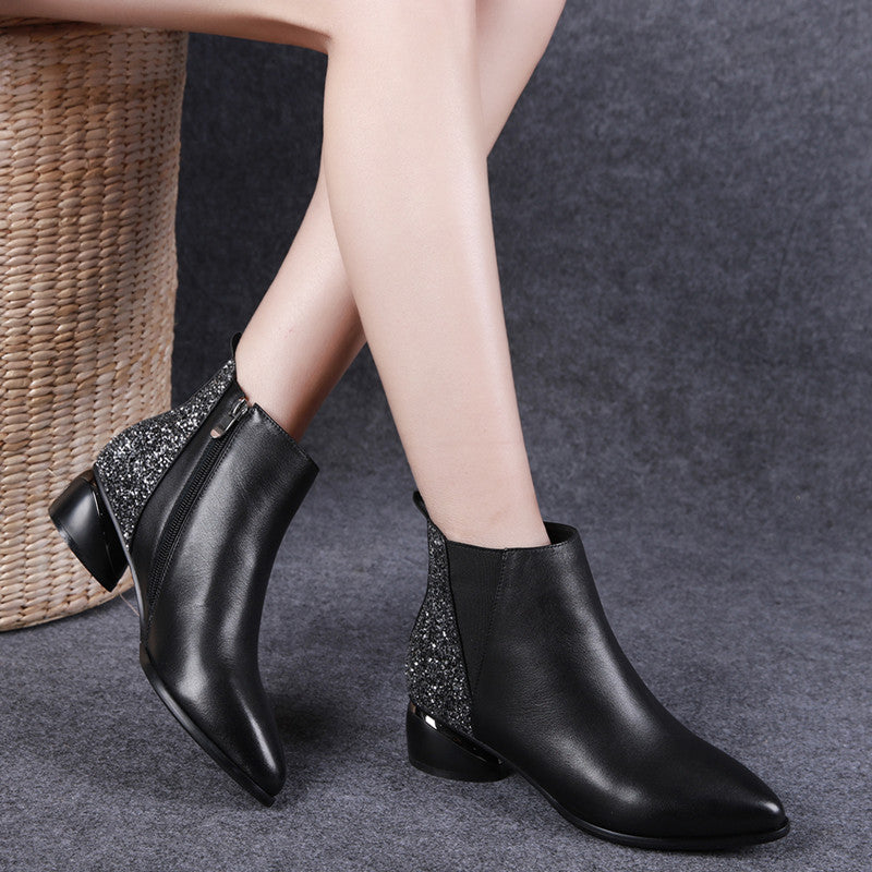 Mid-heel leather chunky heel ankle boots