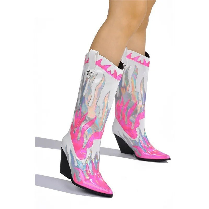 Women Flame Cowboy Boots Patchwork Shiny Patent Leather Knee High Boots Sexy Pointy Toe Western Cowgirl Boots