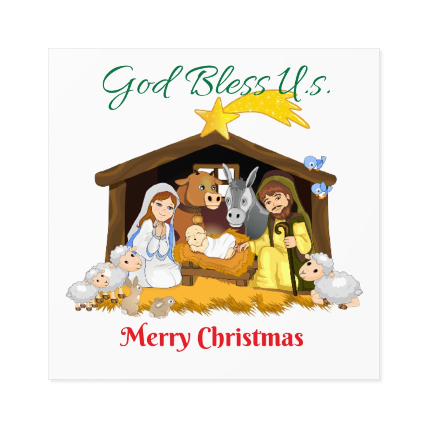 Square Laminate Stickers - God Bless U S Nativity Christmas Design by Cozy Winter Store