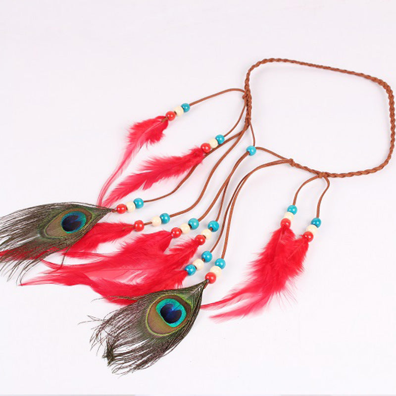 Peacock feather leather rope pendant hair ornament