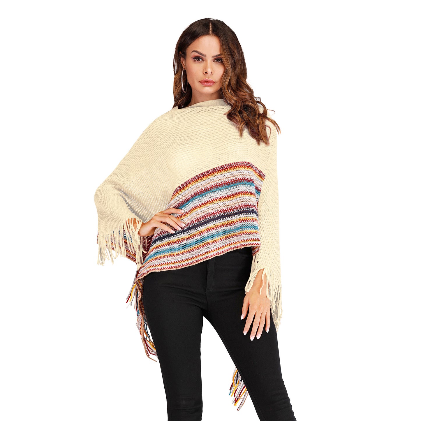 Fringed high neck color block shawl