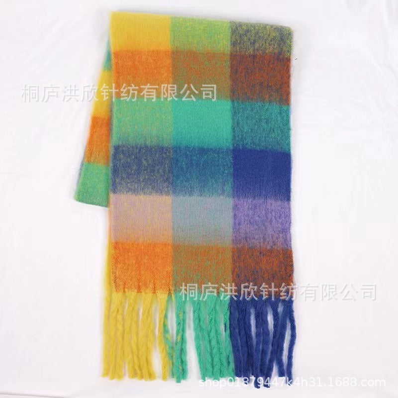 Men's and Women's Autumn and Winter Fashion Warm Rainbow Plaid Shawl Versatile Tassel Scarf