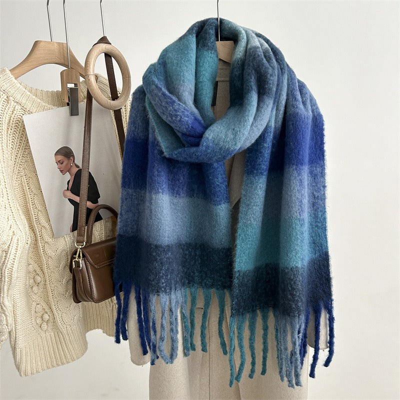 Autumn and winter new style mohair plaid scarf for women Dongdaemun fashion versatile extended tassel shawl scarf