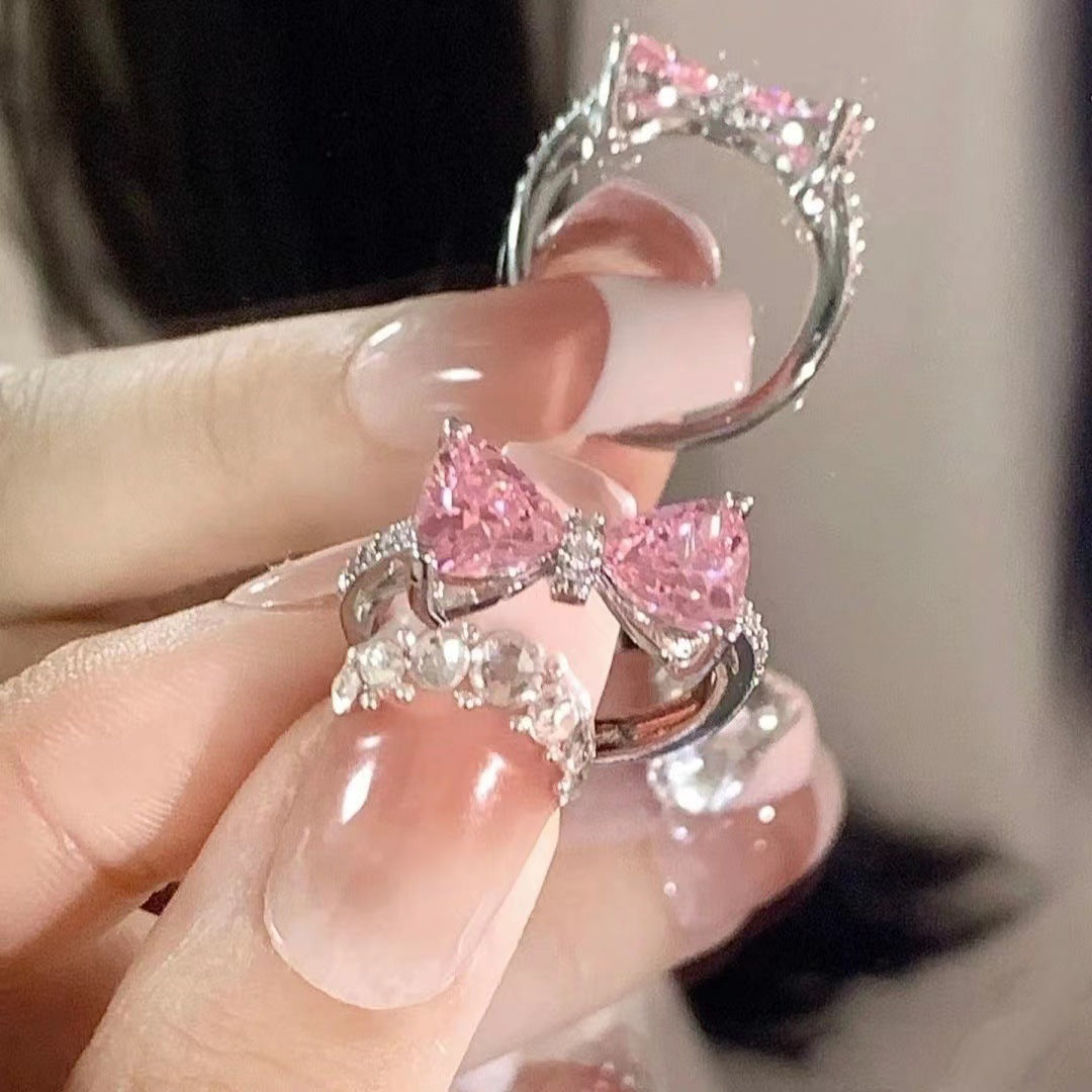 Princess's Castle Pink Bow Female Diamond Zircon French Girl Micro-inlaid Ring