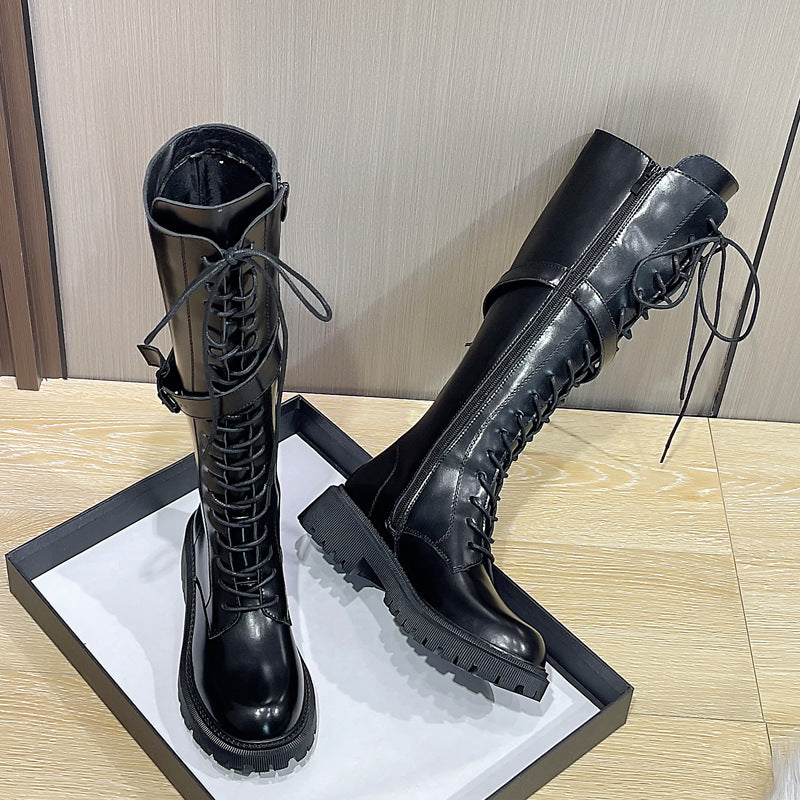 DocStride's MotoGrip Chunky Leather Boots - These motorcycle boots feature a thick bottom and sturdy leather construction, complete with stylish strap accents for added flair.