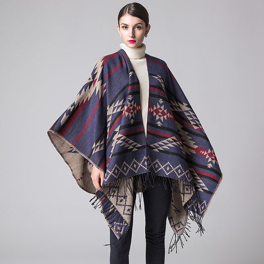 Geometric Diamond Tassel Shawl Cape