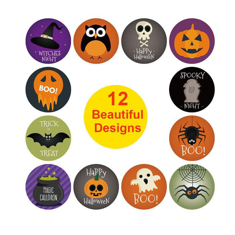 Design Pattern Owl Ghost Skull Pumpkin Bat Spider Halloween Candy Bag Sticker Label