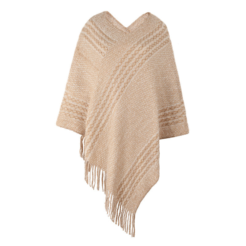 Striped Cape Shawl Fringed Sweater