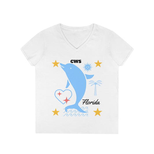 CWS Florida Dolphin Ladies' V-Neck T-Shirt By Cozy Winter Store (ships within USA only)