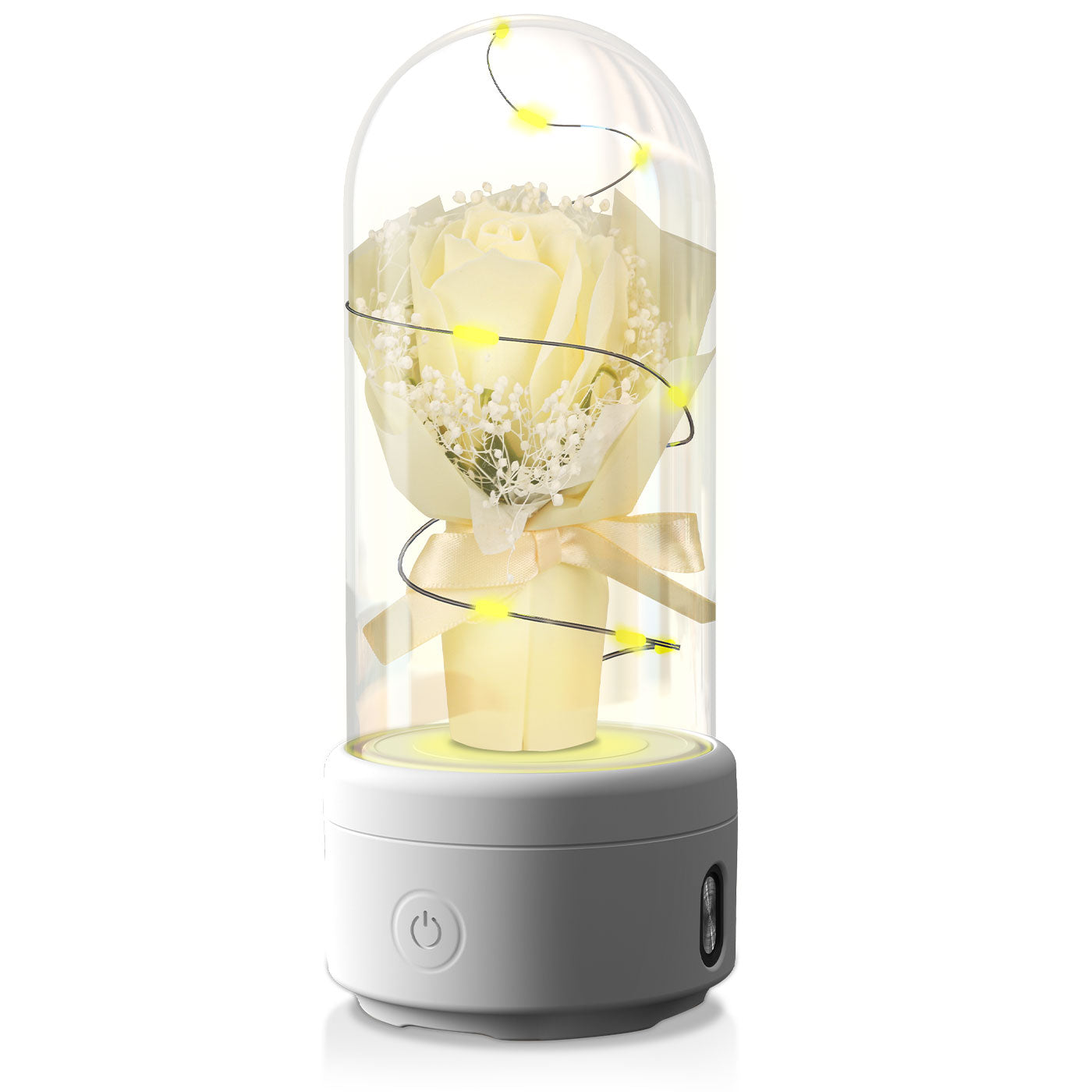 Kreatives 2-in-1-Blumenstrauß-LED-Licht und Bluetooth-Lautsprecher Muttertagsgeschenk Rose leuchtendes Nachtlicht-Ornament in Glasabdeckung