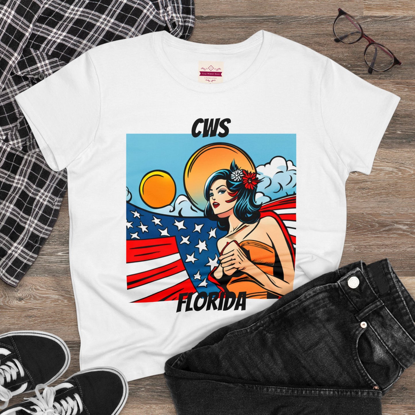 CWS Damen-T-Shirt aus mittelschwerer Baumwolle mit USA-Flagge von Cozy Winter Store (Versand nur innerhalb der USA)