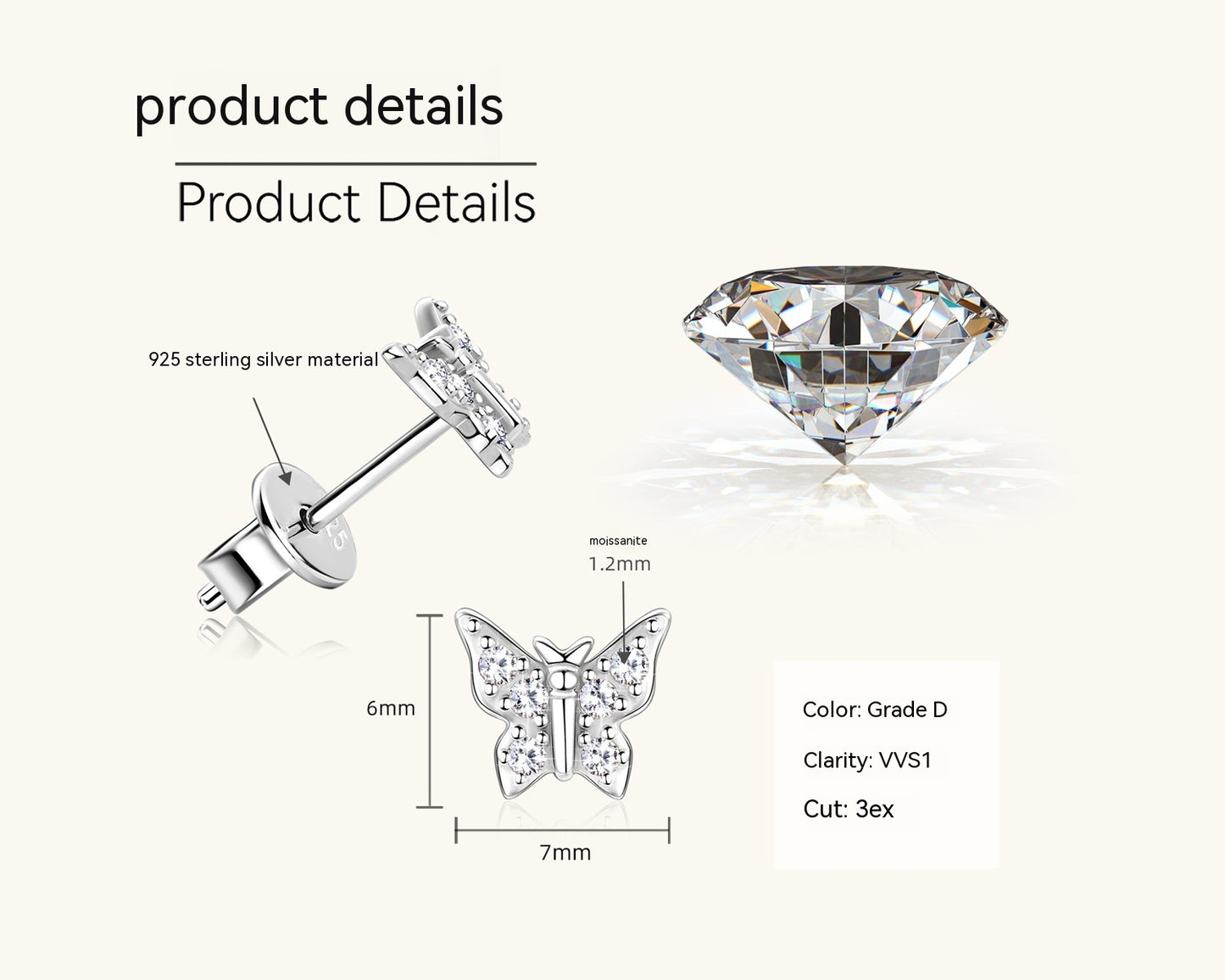 Koreański motyl Moussan Diamond Ear Team S925 Zeng srebrna biżuteria