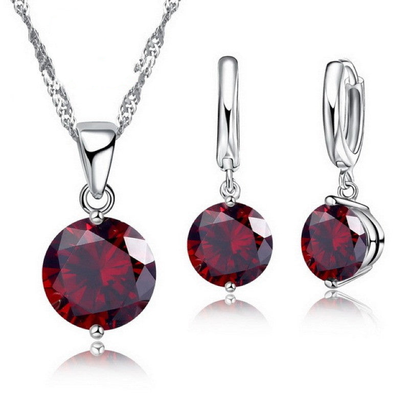 Sterling Silver Pendant Necklace Earrings Set Fashion Jewelry Trendy Style Austrian Crystal Women Engagement Colours