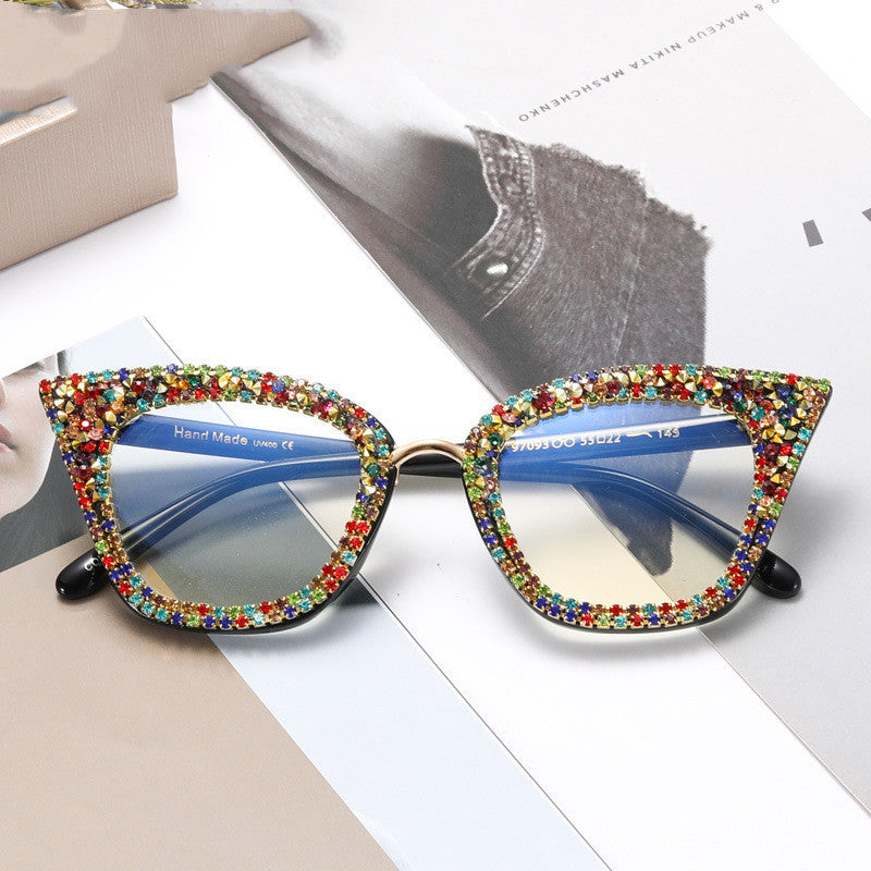 A97093 New Fashion Cat Eye Anti Blue Light Glasses Full Rim Frame Optical Glasses Trendy Spot Drill Plain Glasses Women