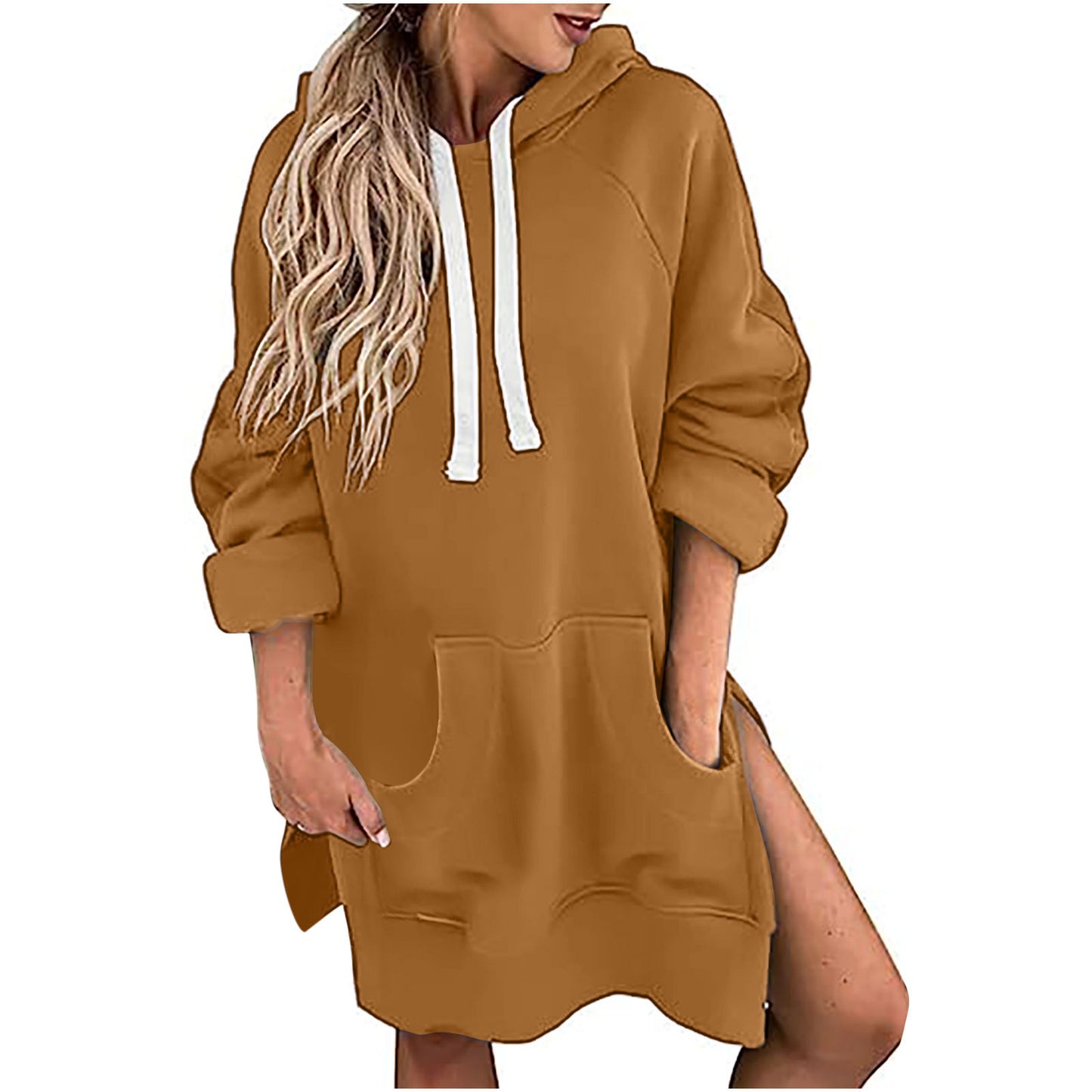 Loose-fitting Women's Sweater Long Sleeve Solid Color Drawstring Top