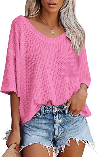 V-Ausschnitt Shirts Damen Sommer Kurzarm Grüne Tops mit aufgesetzter Tasche