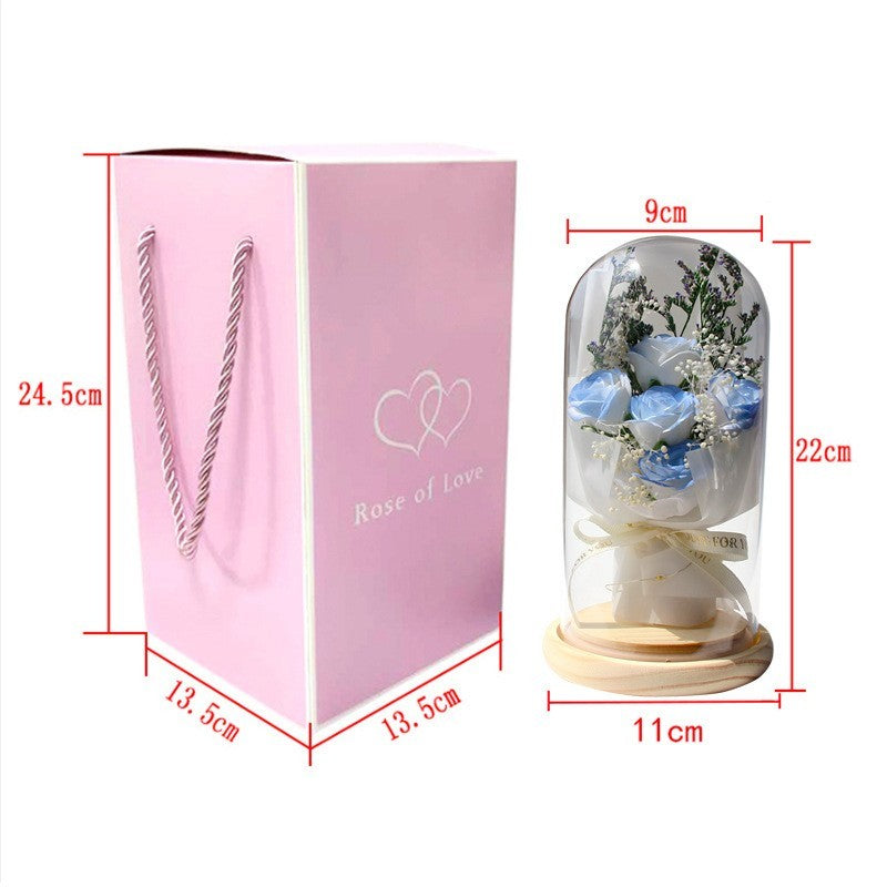 Artificial Rose Dried Flowers Gypsophila Babysbreath Bouquet Glass Cover Ornaments LED Small Night Lamp Valentine's Day Gift