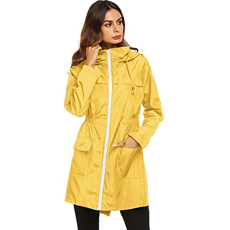 Damen Regenmantel mit Kapuze und Taille, Regenmantel, mittellanger Trenchcoat