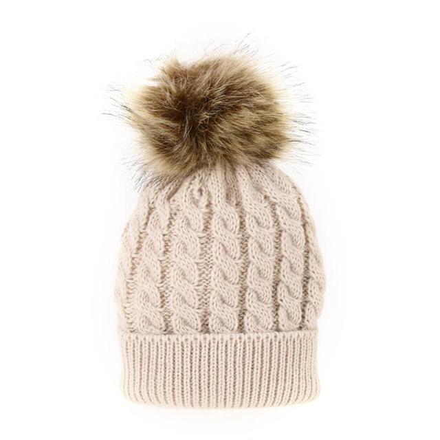 Parent-child Caps Cute Infant Baby Pompon Winter Hat Double Fur Ball Hat Mother Kids Warm Knitted Hat Newborn Beanie Cap