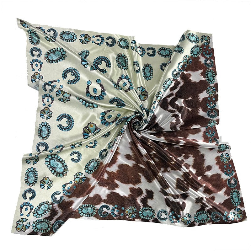 Silk Scarf European and American Womens 90 Square Scarf Western Style Vintage Printed Cow Pattern Turquoise Scarf