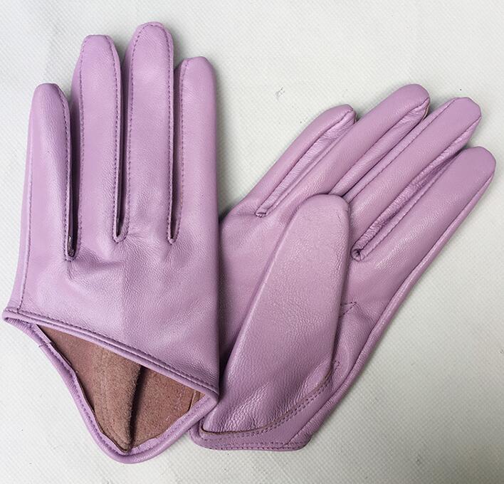 Damenhandschuhe aus natürlichem Schaffellleder in fester rosa Farbe mit halber Handfläche, weibliches echtes Leder, modischer kurzer Autofahrerhandschuh