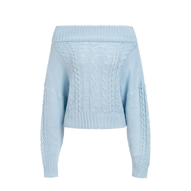 Twist knitted off shoulder women sweater Batwing sleeve blue winter sweater pullover Loose casual knit jumper female