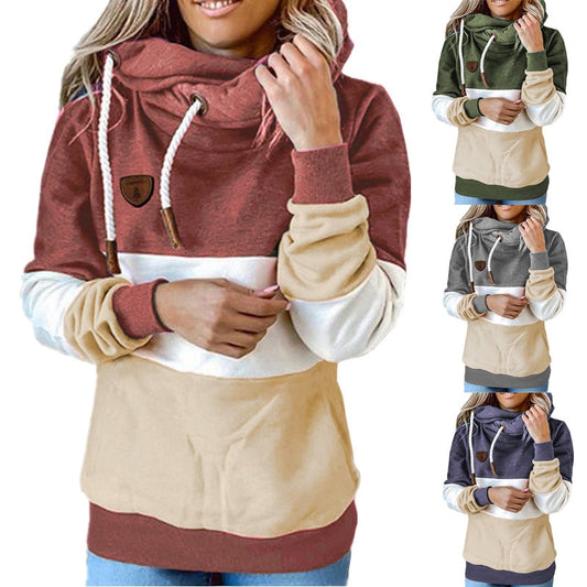 CosyChic: Winter women's contrast stitching hooded turtleneck with casual solid contrast, long sleeve hoodie for a trendy and cozy look.