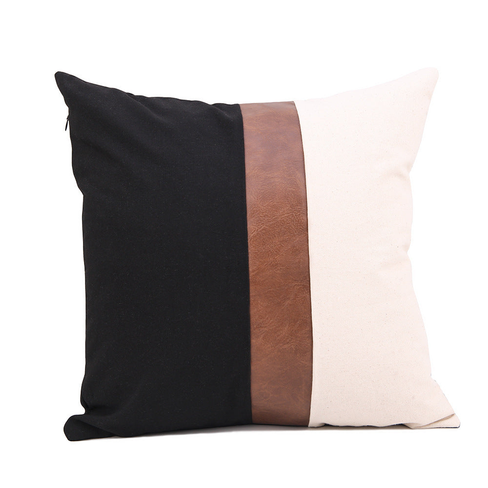 Fashion PU Leather Black Canvas Stitching Pillow Cover