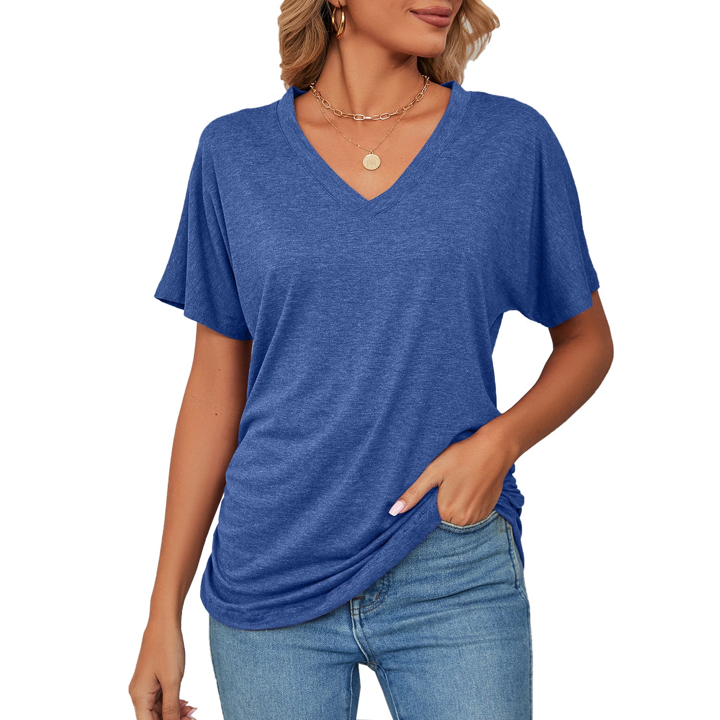 Relaxed Lady: V-neck Solid Color Loose T-shirt - Women's Leisure Pullover