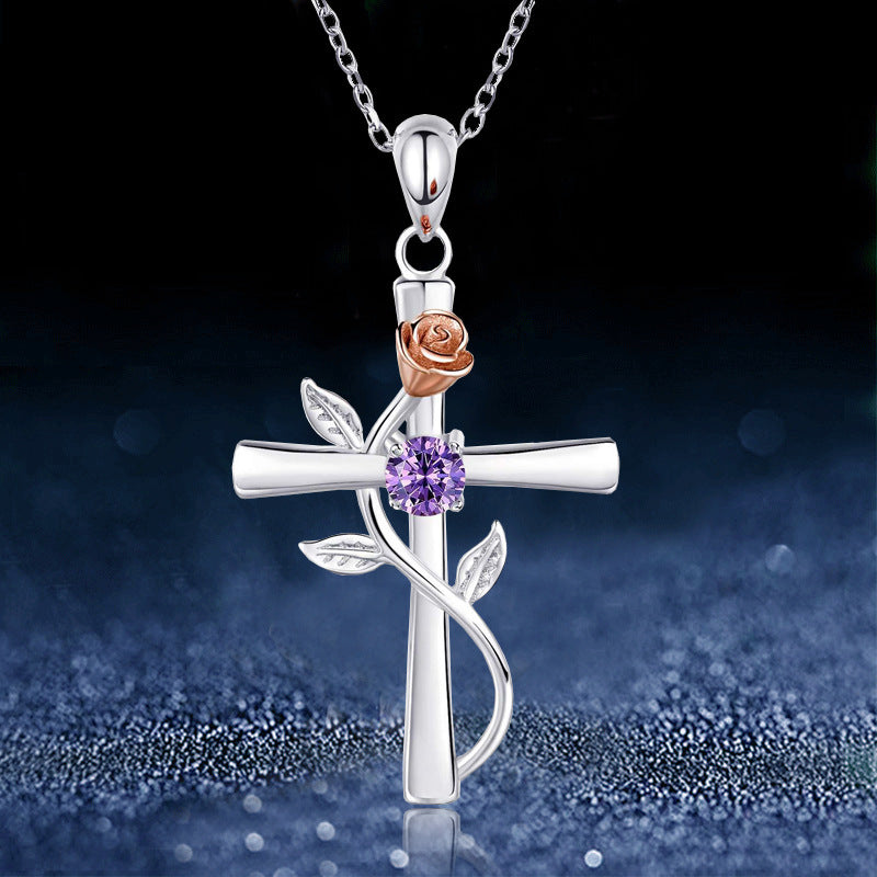 Rose Cross Necklace With Rhinestone Fashion Personality Pendant Necklace For Valentine's Day Gift